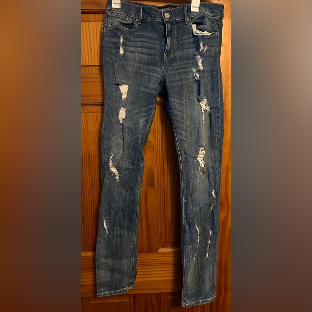 Express Super Skinny Mid-Rise distressed jeans